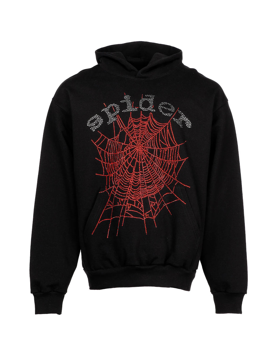 Sp5der OG Rhinestone Logo Hoodie Black