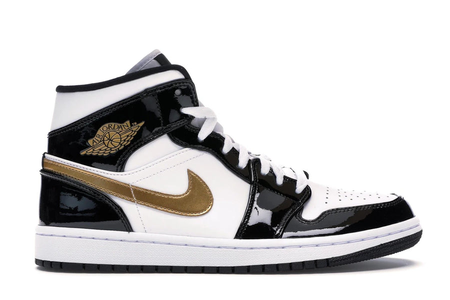 Jordan 1 Mid Patent Noir Blanc Or