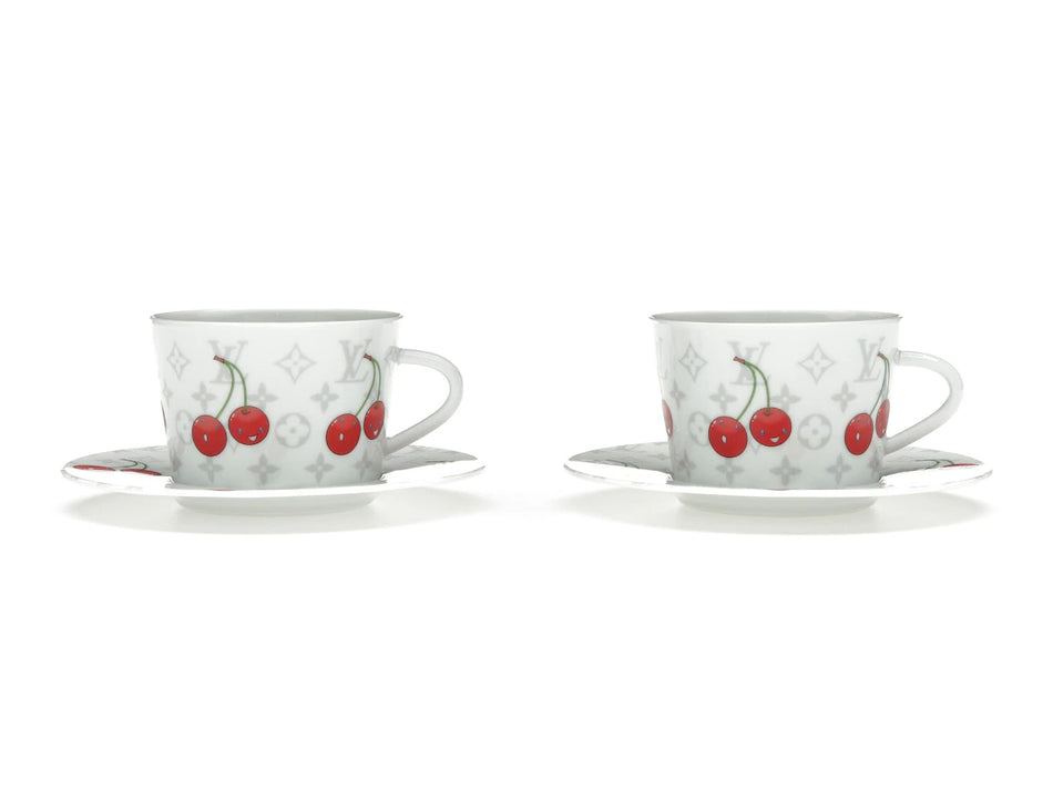 Louis Vuitton x Takashi Murakami Set of 2 Cherry Coffee Cups and Saucers White Monogram