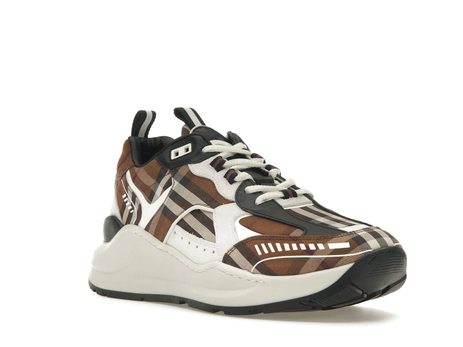 Baskets Burberry Vintage Check en coton et cuir, marron foncé et blanc