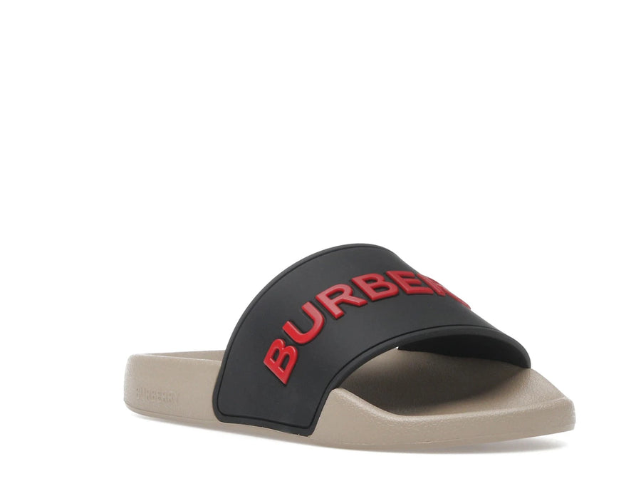 Mules Burberry à logo en relief, noires, rouges et beiges (Femme)