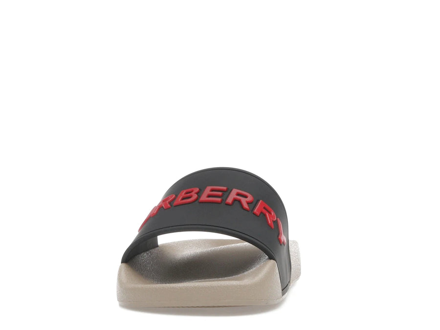 Mules Burberry à logo en relief, noires, rouges et beiges (Femme)