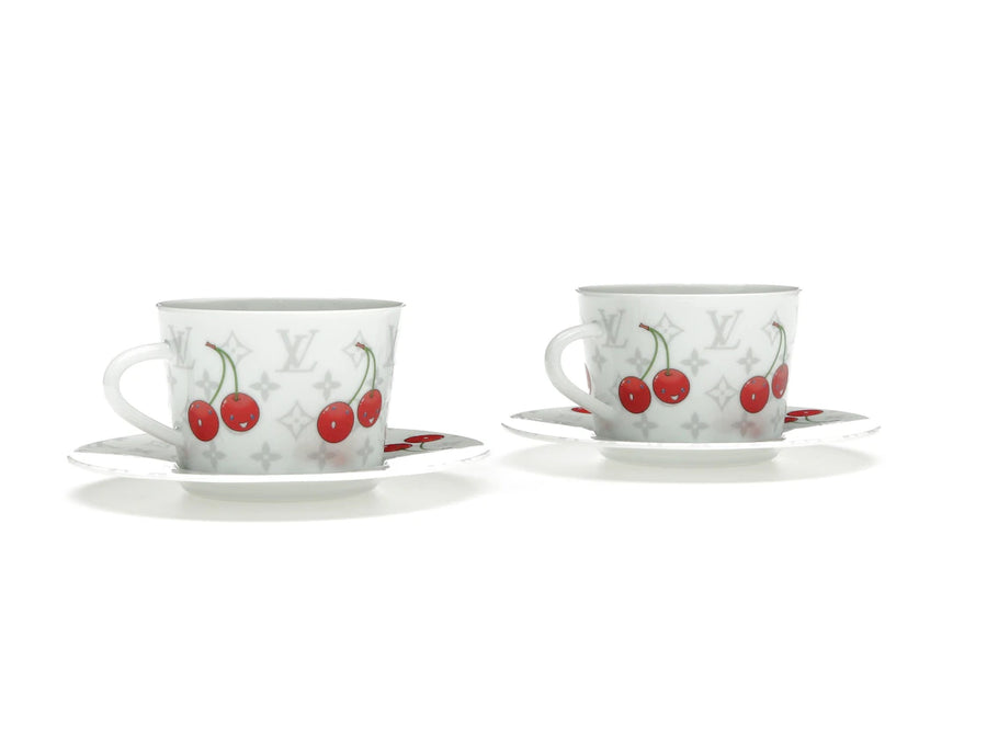 Ensemble de 2 tasses et soucoupes à café Louis Vuitton x Takashi Murakami, motif cerise et monogramme blanc