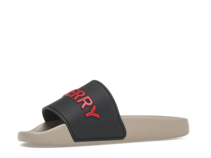 Mules Burberry à logo en relief, noires, rouges et beiges (Femme)