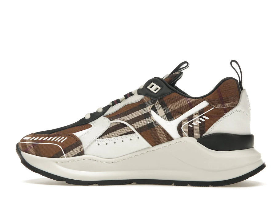 Baskets Burberry Vintage Check en coton et cuir, marron foncé et blanc