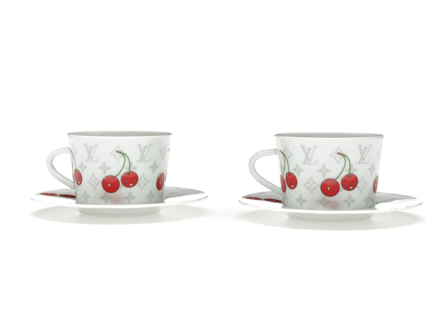 Ensemble de 2 tasses et soucoupes à café Louis Vuitton x Takashi Murakami, motif cerise et monogramme blanc