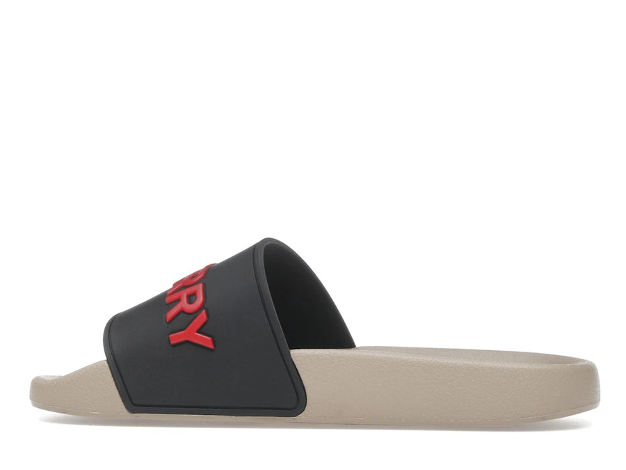 Mules Burberry à logo en relief, noires, rouges et beiges (Femme)
