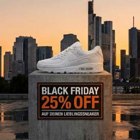 Weißer Air Max Sneaker steht auf einem Steinblock mit Skyline bei Sonnenuntergang im Hintergrund, Schrift Black Friday Angebot -25%